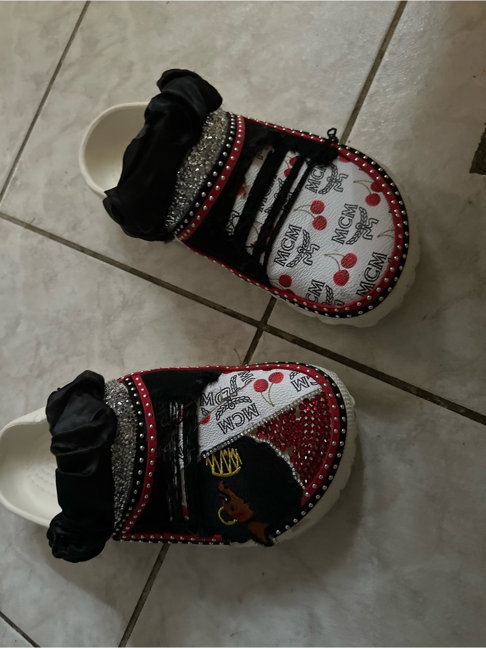MCM Red Black White Embellished Logo Clog Slides